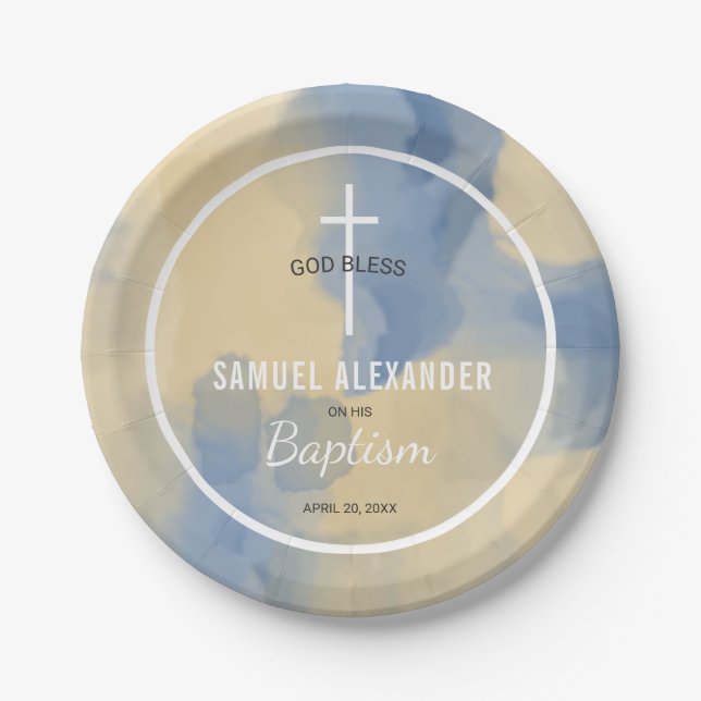 Plato De Papel Blue y Gold Modern acuarela Baptismo de niño bebé (Anverso)