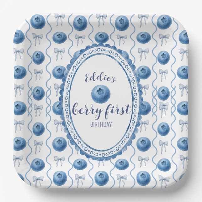 Plato De Papel Blueberry Baby's Berry First 1st Birthday Party (Anverso)
