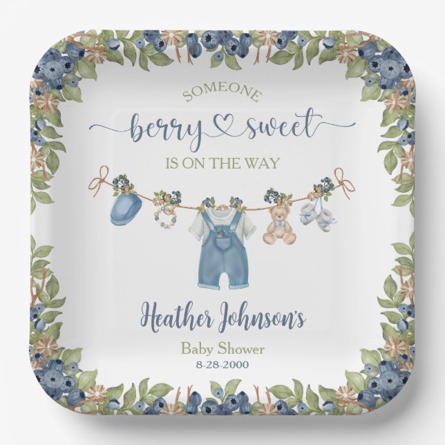 Plato De Papel Blueberry Berry Sweet Clothesline Baby Shower (Anverso)