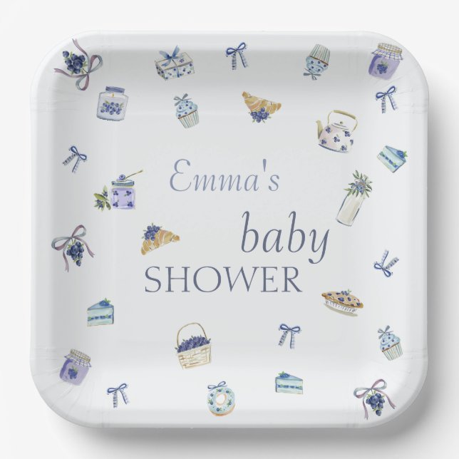 Plato De Papel Blueberry Dessert Baby Shower Watercolor  (Anverso)