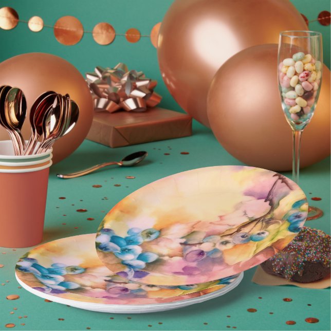 Plato De Papel Blueberry Fruit Pattern — Hand-Painted Berries (Multi)