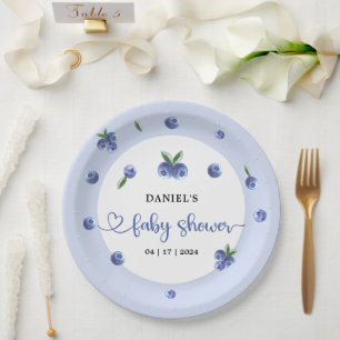 Plato De Papel Blueberry Sweet Watercolor Boy Baby Shower