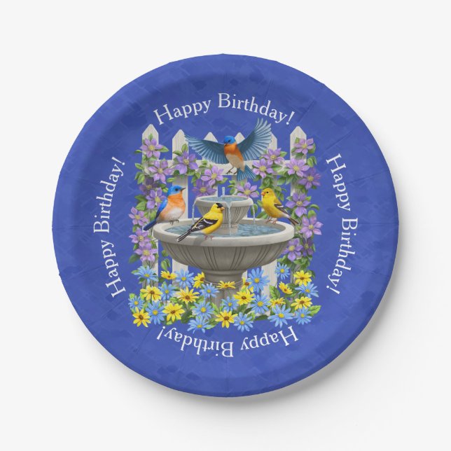 Plato De Papel Bluebird Goldfinch Birdbath Garden Royal Blue (Anverso)