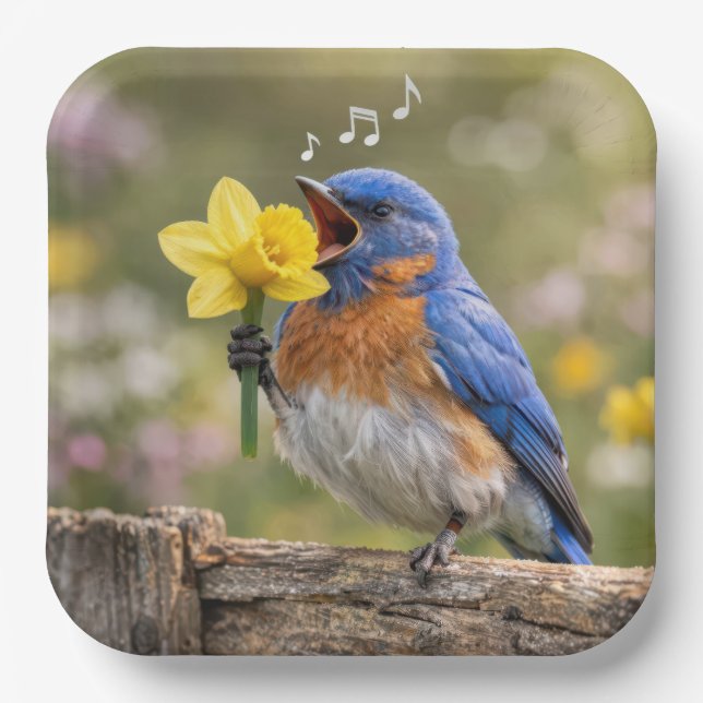 Plato De Papel Bluebird Singing Into a Yellow Daffodil (Anverso)