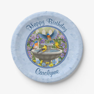 Plato De Papel Bluebirds Goldfinches Birdbath Blue