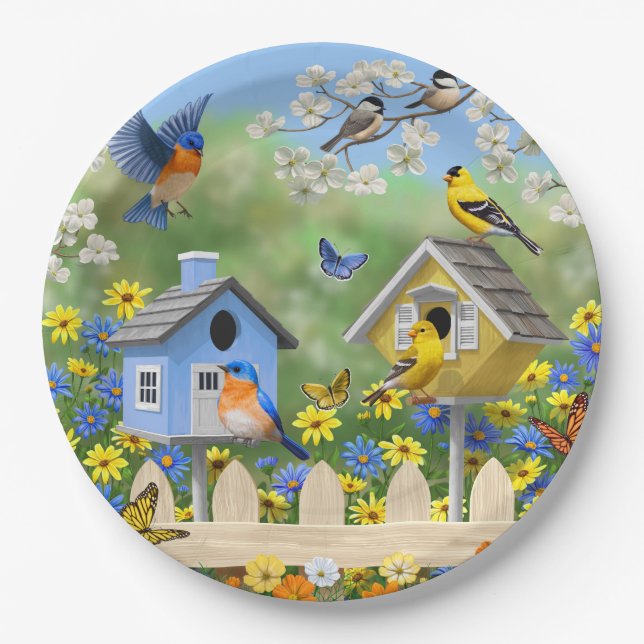Plato De Papel Bluebirds Goldfinches Birdhouses Flower Garden (Anverso)