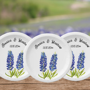 Plato De Papel Bluebonnets Bodas de la floral azul Boho Watercolo
