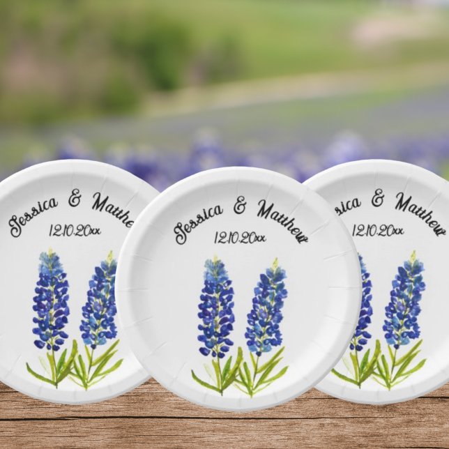 Plato De Papel Bluebonnets Bodas de la floral azul Boho Watercolo (Subido por el creador)