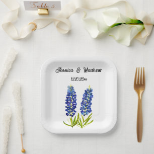 Plato De Papel Bluebonnets Bodas de la floral azul Boho Watercolo