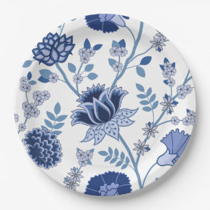 Plato De Papel Blues del patrón de floral de jacobea en blanco