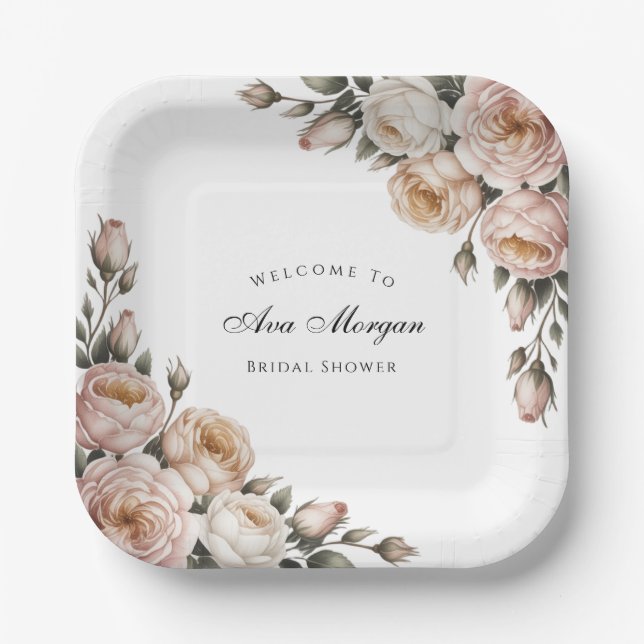 Plato De Papel Blush and Ivory Rose Floral Bridal Shower (Anverso)