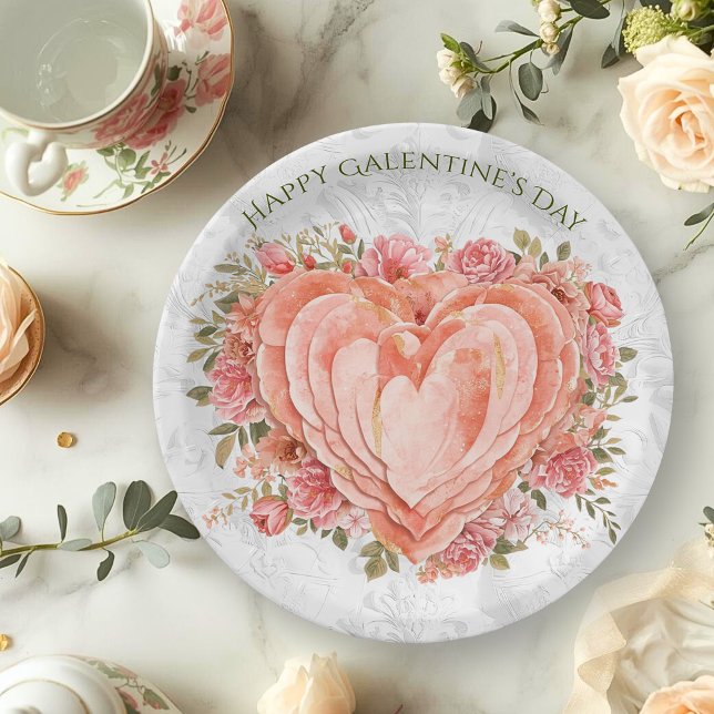 Plato De Papel Blush Baroque Rococo Floral Heart Galentine   (Subido por el creador)