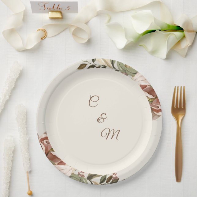 Plato De Papel Blush Botanical Garden Wedding Paper Plate (Boda)