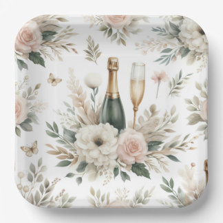 Plato De Papel Blush Floral Champagne Party Plates