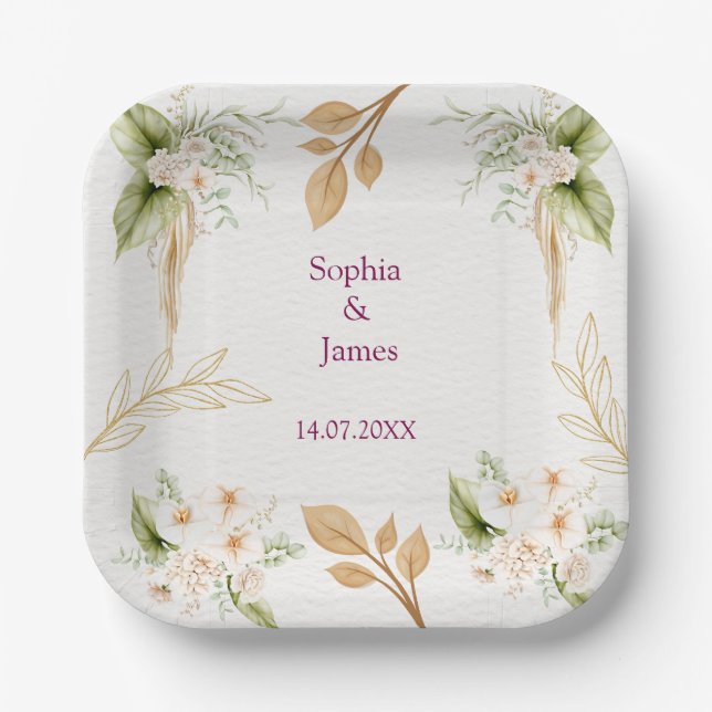 Plato De Papel Blush Floral Gold Geometric wedding (Anverso)