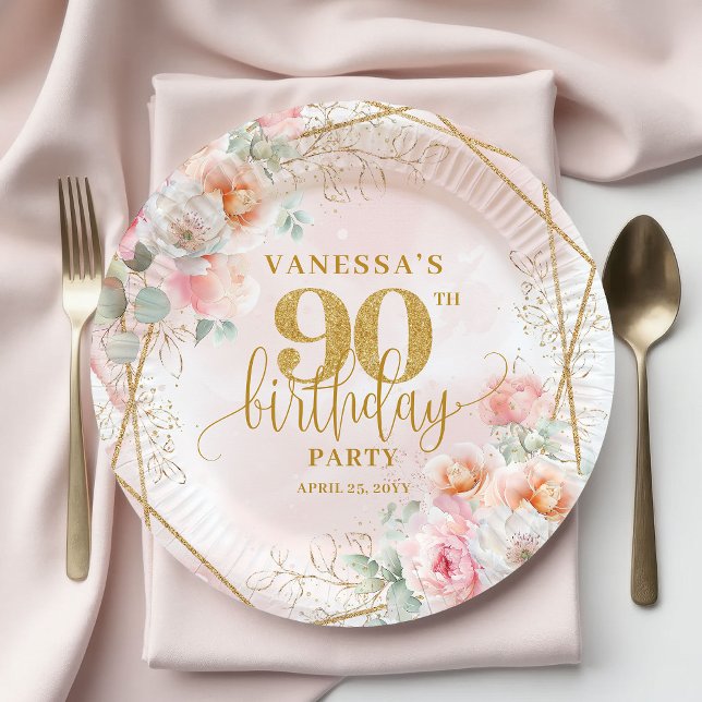 Plato De Papel Blush Floral Gold Glitter Elegant 90th Birthday   (Blush Floral Gold Glitter Elegant 90th Birthday Plates)