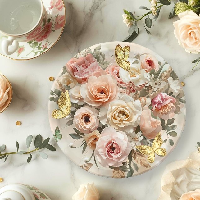 Plato De Papel Blush Garden Roses Galentine Tea Party Florals (Subido por el creador)