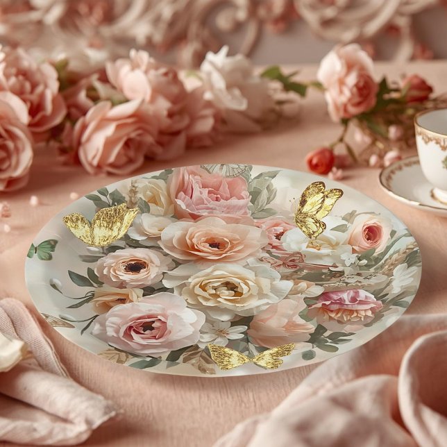 Plato De Papel Blush Garden Roses Galentine Tea Party Florals (Subido por el creador)