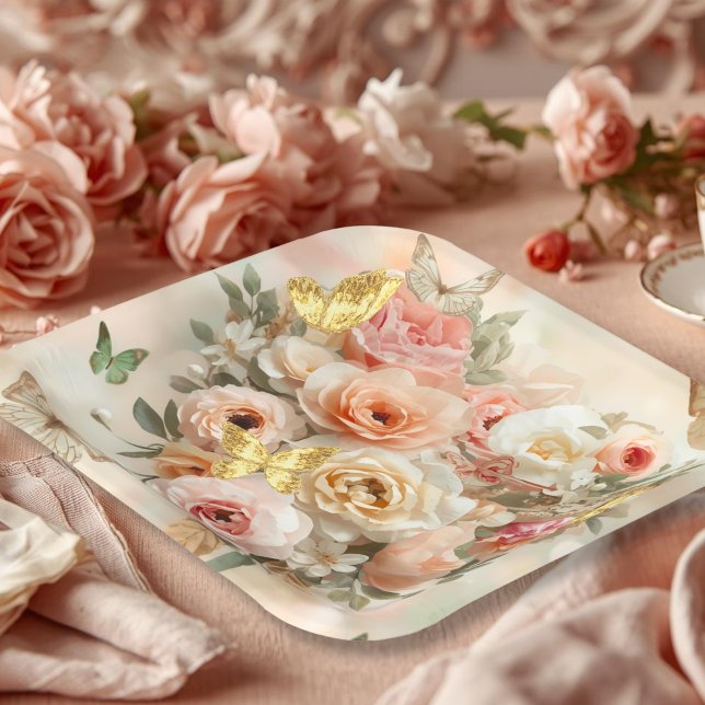 Plato De Papel Blush Garden Roses Galentine Tea Party Florals (Subido por el creador)