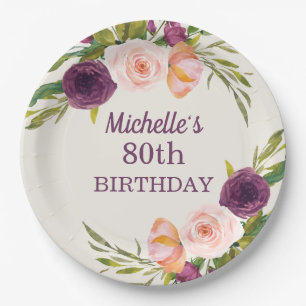 Plato De Papel Blush Morado Floral Crema Cumpleaños 80