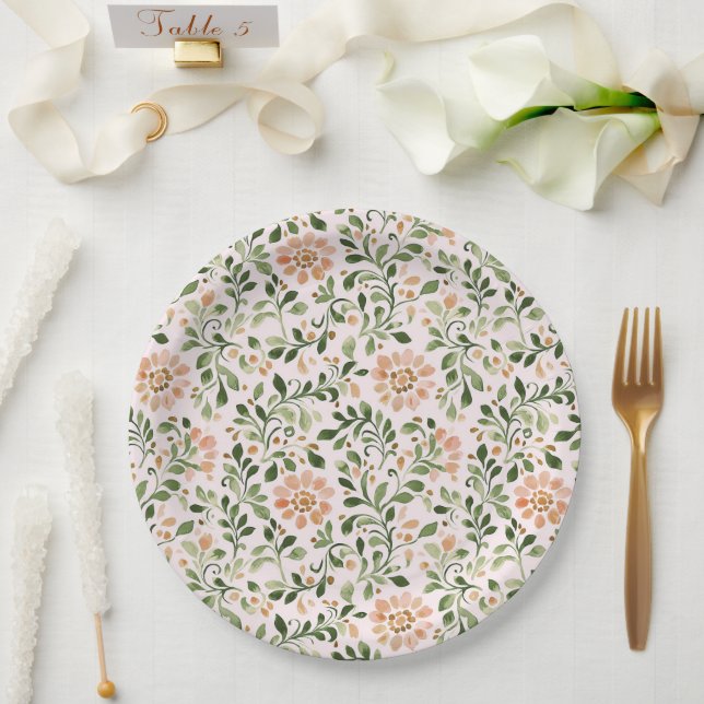 Plato De Papel Blush Peach Flowers Green Leaves Bridal Shower (Boda)