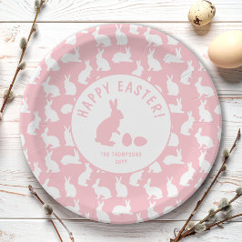 Plato De Papel Blush Pink And White Bunny Pattern Happy Easter