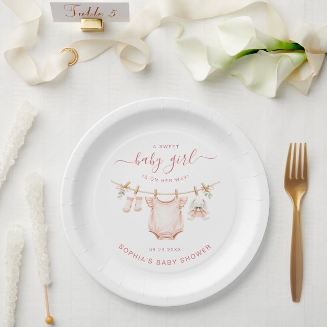 Plato De Papel Blush Pink Clothesline Girl Baby Shower Party (Boda)