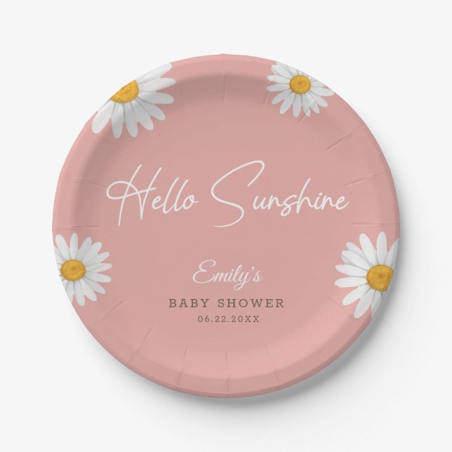 Plato De Papel Blush Pink Daisy Hello Sunshine Baby Shower (Anverso)