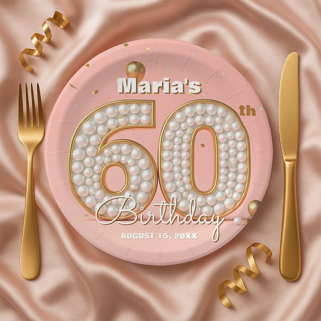Plato De Papel Blush Pink Gold Confetti Pearl 60th Birthday (Subido por el creador)