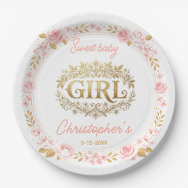 Plato De Papel Blush Pink & Gold Floral Girl Baby Shower