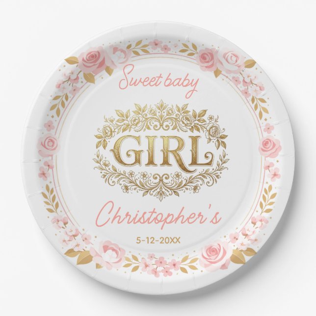 Plato De Papel Blush Pink & Gold Floral Girl Baby Shower (Anverso)