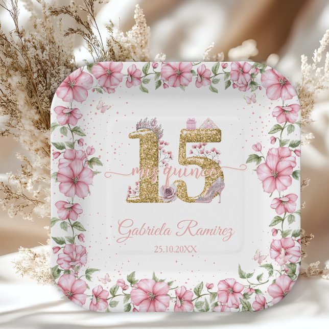 Plato De Papel Blush Pink Golden Mis Quince Quinceañera  (Subido por el creador)