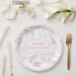 Plato De Papel Blush Pink Jungle Safari Animals Baby Shower