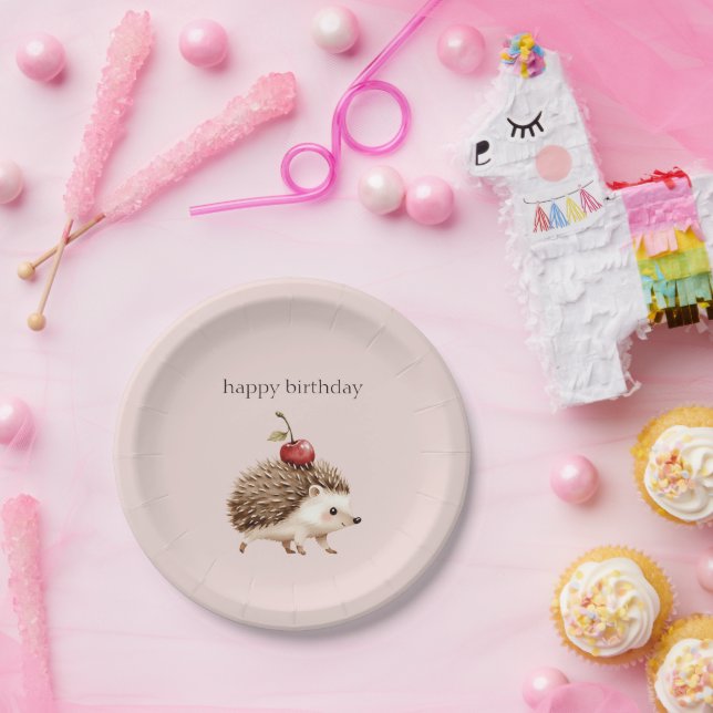 Plato De Papel Blush Pink Red Cherry Adorable Hedgehog Birthday (Fiesta)