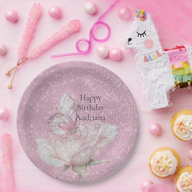 Plato De Papel Blush Pink Rose Butterfly Sparkle Birthday (Fiesta)
