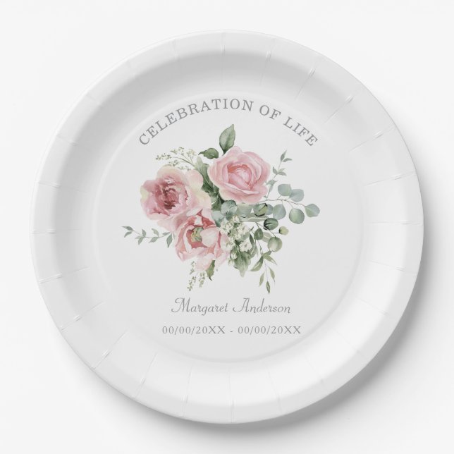 Plato De Papel Blush Pink Rose Celebration of Life (Anverso)