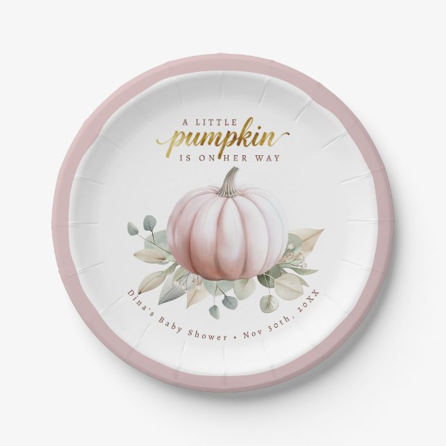 Plato De Papel Blush Pumpkin Fall Baby Shower Paper Plates (Anverso)