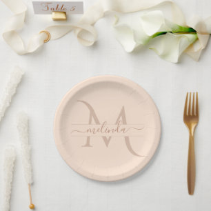 Plato De Papel Blush Rosa Chic Pastel Monograma Nombre Personaliz
