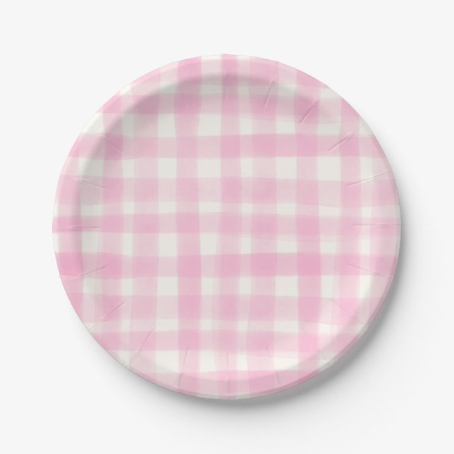 Plato De Papel Blush Rosa Gingham Rústico Dibujado a Mano (Anverso)