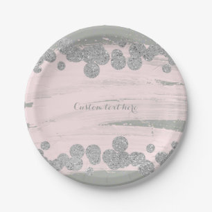 Plato De Papel Blush Rosa Plateado y Gris Purpurina Puntos Glam F