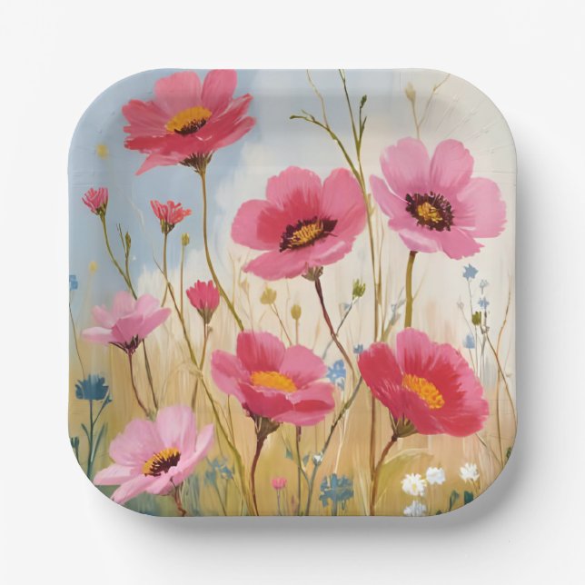 Plato De Papel Blushing Blooms | Pink Flower Meadow Floral (Anverso)