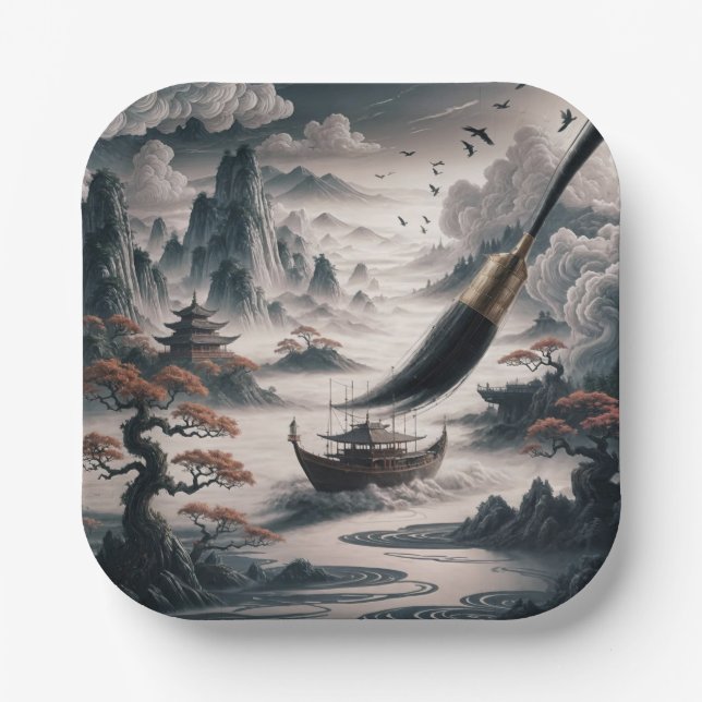 Plato De Papel  Boat landscape ocean view poetic  art (Anverso)