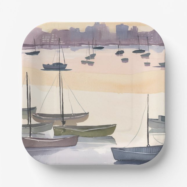 Plato De Papel Boat Marina | Watercolor Ocean Bay (Anverso)