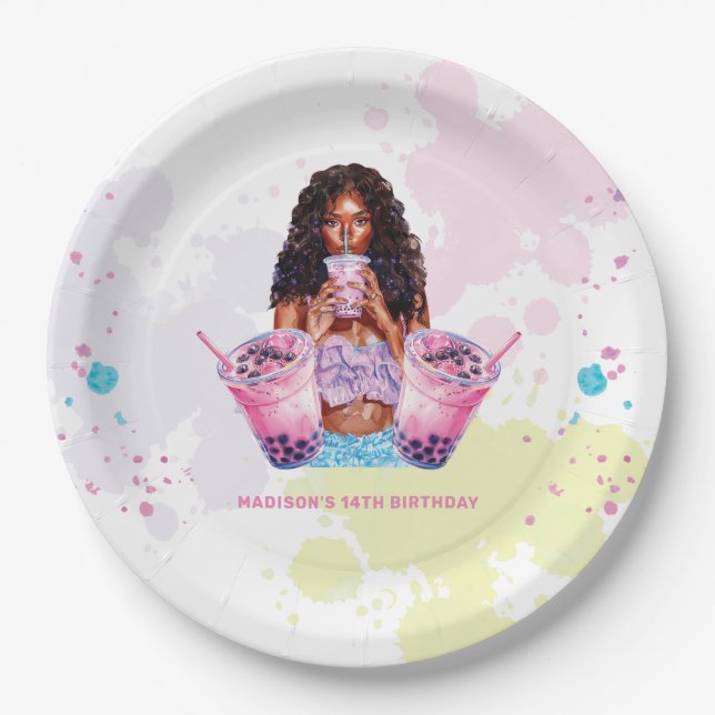 Plato De Papel Boba Bubble Tea Birday African American (Anverso)