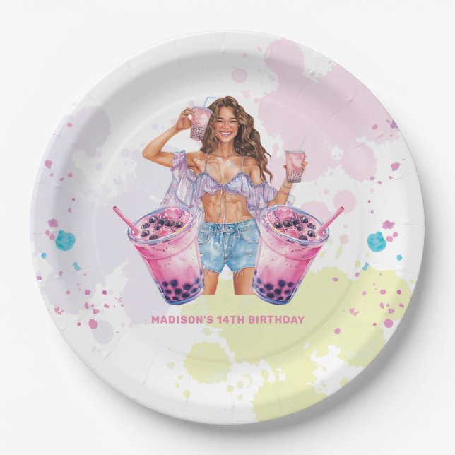 Plato De Papel Boba Bubble Tea Birday Personalizado (Anverso)