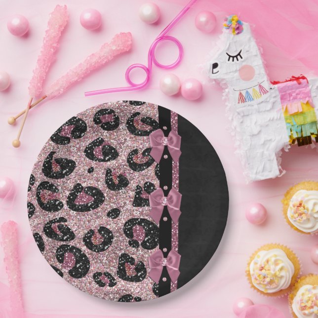 Plato De Papel Bocas de cinta de cinta de papel de leopardo rosa  (Fiesta)