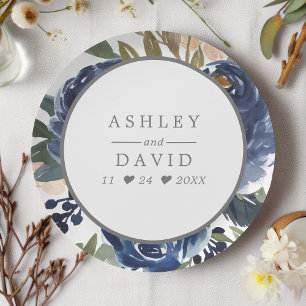 Plato De Papel Boda acuarela con estampado floral azul marino