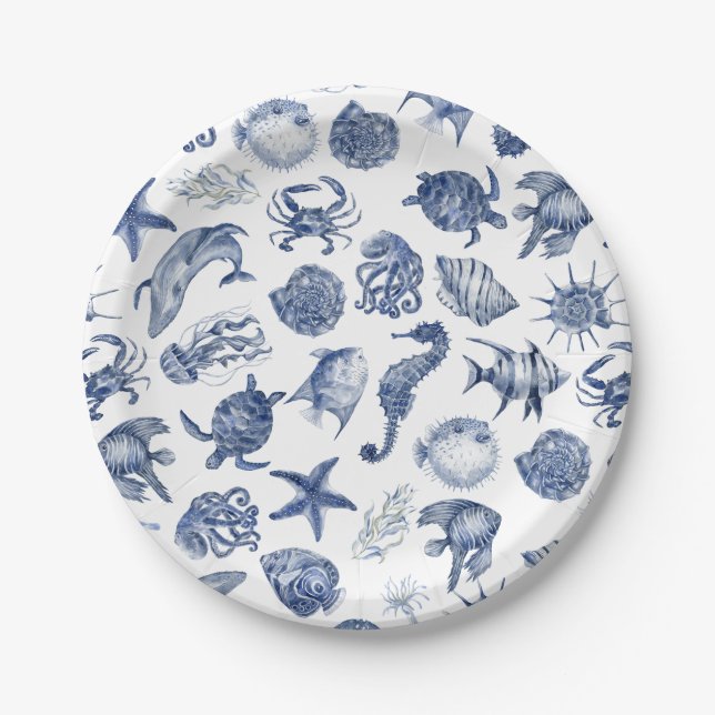 Plato De Papel Boda acuarela costera moderna azul (Anverso)