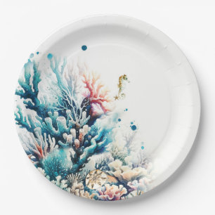Plato De Papel Boda acuarela de coral Splash Oceano