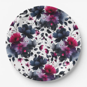 Plato De Papel Boda acuarela floral rosa magenta y azul